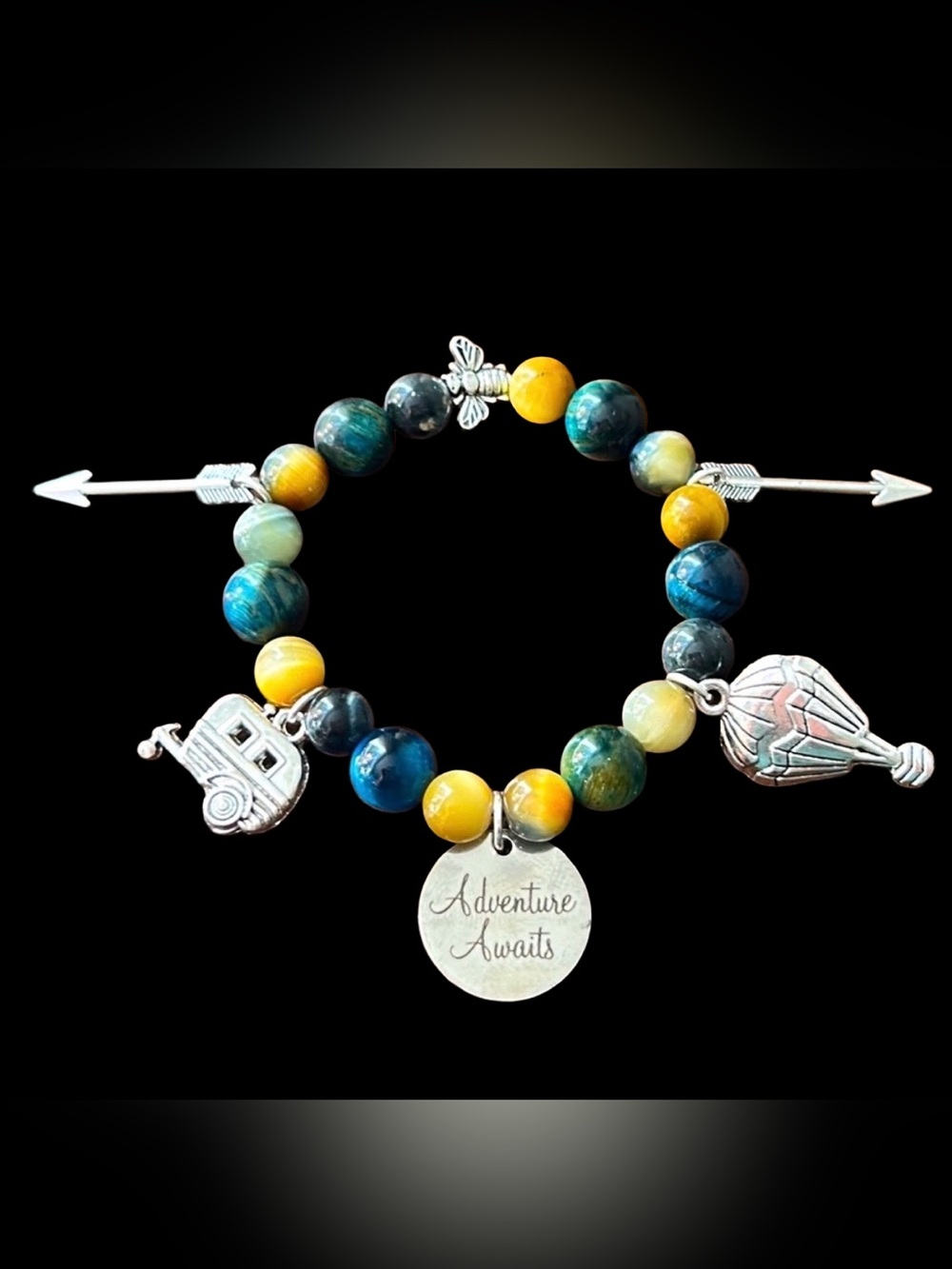 “Adventure Awaits” Charm Bracelet with Natural Tiger Eye Stones